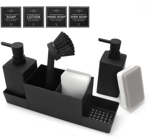 Spülmittelspender Küche, Seifen und Spülmittelspender Set, Spüli und Seifenspender Küche Set mit Schwammhalter Bürste, Spülbecken Organizer schwarz