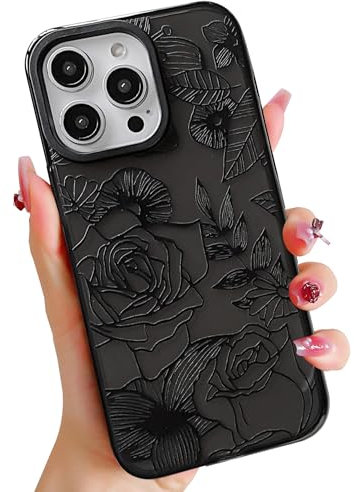 ECZOIL Compatible for iPhone 14 Pro Max Case, Cute Rose Flower Floral Clear Cover for Women Girl Ultra Slim Soft TPU Shockproof Anti-Yellow Protective Phone Case - Black