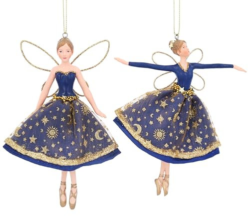 Gisela Graham Himmlische Fee in Blau & Gold Stoff & Harz Hochzeit Hängeornament, 2 Stück