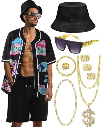 80er 90er Jahre Outfit für Herren Hip Hop Kostüm Baseball Trikot Shirt Shorts Rapper Zubehör 1990er Party Kostüm, Allblack, M