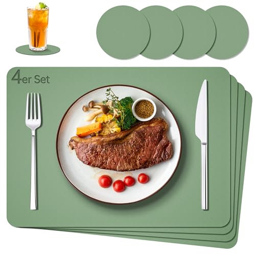 IKWOLETI Tischsets Abwaschbar mit Untersetzer - 4er Set Platzsets Abwaschbar aus Kunstleder - Doppelseitige Platzdeckchen in Lederoptik - Ideal für Küche und Büro Grün
