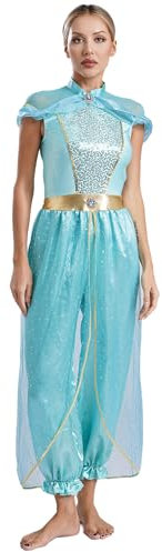 iiniim Damen Bauchtanz Kostüm Bauchtänzerin Pailletten Body Overall Glänzend Jumpsuit Halloween Karneval Fasching Indische Tanzkleidung Hellblau L