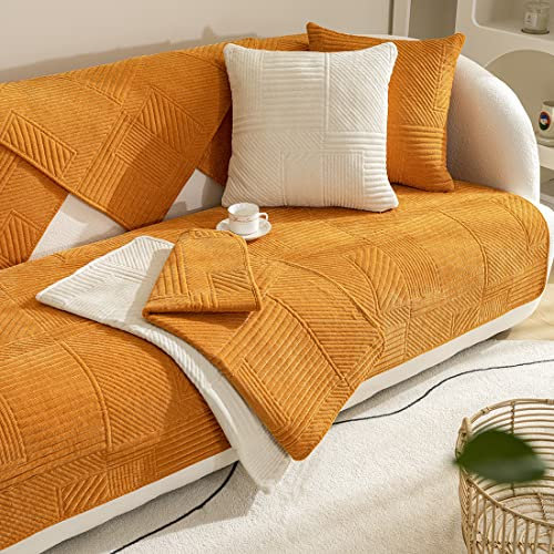 Sofabezug aus Cord mit Geometrischem Muster Weich Gesteppt rutschfest Sofabezug für Zweisitzer Liegesofa Leder L Form Armlehnen/Rückenlehnenbezug (Orange 71,1 X 149,9 cm)