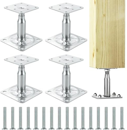 Lot de 4 supports de poteau réglables en hauteur, à visser, galvanisé, passivé par couche épaisse, support de poteau galvanisé de 100 à 150 mm avec 16 vis
