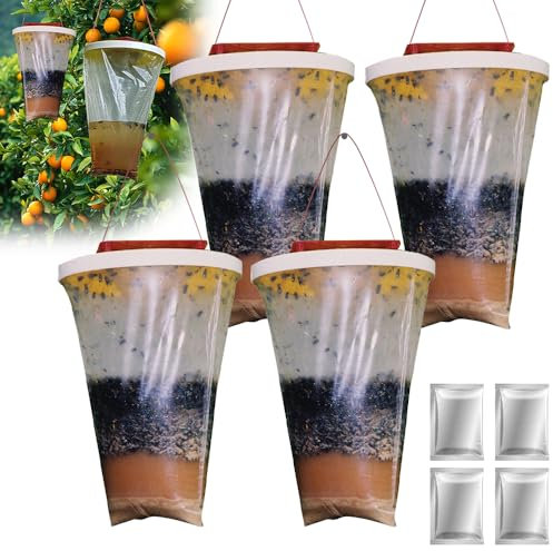 IXYHKB 4 Pack Fly Trap Outdoor, Fly Catcher Outdoor with Fly Bait, Hanging Fly Traps Bag, Fly Killer Repellent Outdoor, Ranch Fly Catchers, Flies Catcher Bag for Outdoor Indoor Gardens Horse Barn
