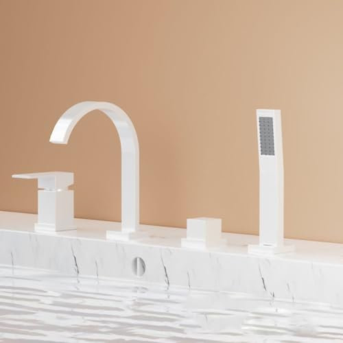 Mitigeur Bord de Baignoire 4 Trous Robinet de Douche Cascade Blanc Robinet Melangeur Salle de Bain Douche