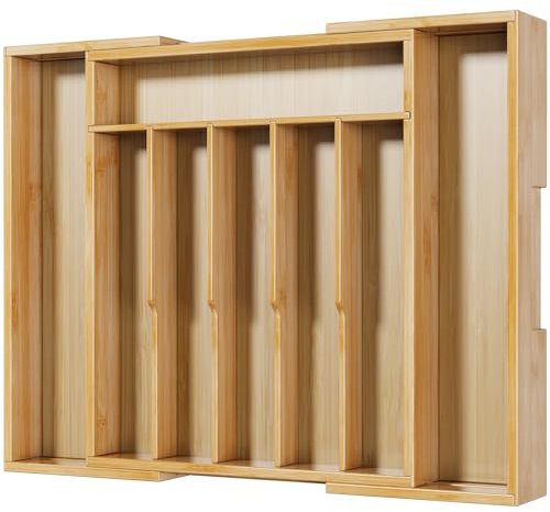 Kitsure Besteckkasten für Schubladen - Schubladen Organizer Küche mit 8 Fächern, stabiler Besteckkasten aus Bambus als vielseitiger Küchen Organizer, 33,6 x 4,5 x 29,0-47,0 cm