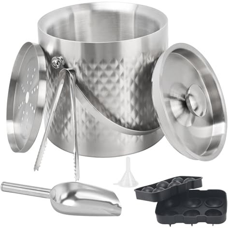 VirtuGro 3L Double Walled Stainless Steel Insulated Ice Bucket with Lid and Tongs & Round Ice Cube Moulds Large Ice Bucket for Parties, Bars, Pubs, Restaurants, Clubs, BBQs and Picnics, Silver