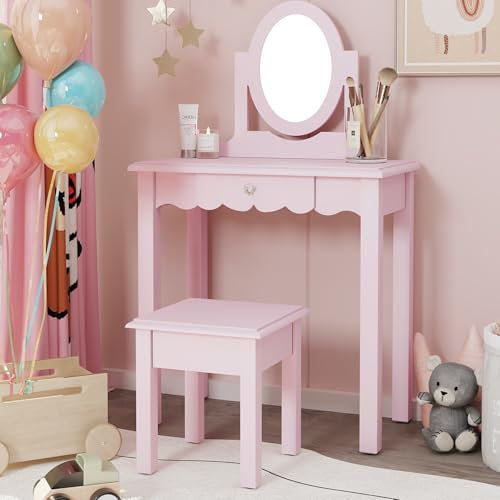 MROJISC Schminktisch Kinder Mädchen ab 4, Kinderschminktisch mit Abnehmbarem Spiegel Schminktisch Mädchen Set Schreibtisch mit Hocker, Rosa