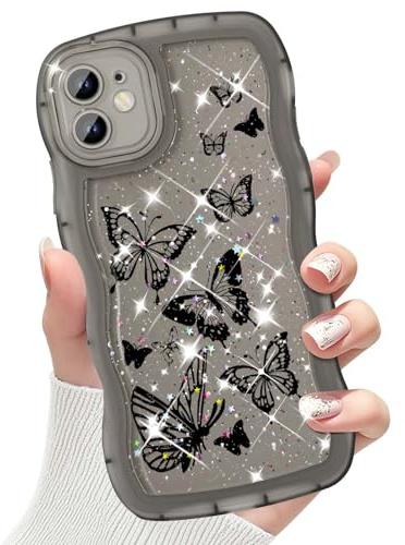 CASBST Compatible with iPhone 11 Phone Case for Women Girls, Curly Wave Frame with Bling Glitter Butterfly Pattern, Full Camera Protection, Slim TPU Aesthetic Clear Phone Case for iPhone 11, Black