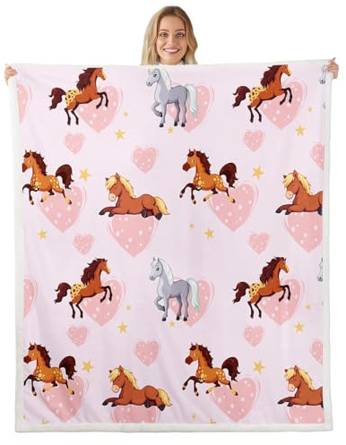 Homewish Couverture 100x130cm Enfant Fille Cheval Galopant Mignon, Plaid Canape Cheval de Ferme, Couverture Polaire Cœur d'amour, Jetés de Lit Rose Pastel