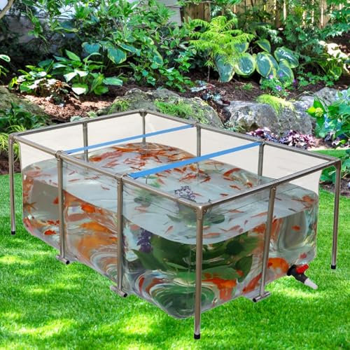 Transparenter Fischteich mit Edelstahlrahmen, Aquarium Becken mit Flexible Teichfolien aus PVC, Vorübergehend Wassertank Pool Rechteckig für Koi, Goldfische Aufzucht und Teiche