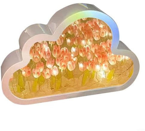 ZYNCUE DIY Wolke Tulpe Nachtlicht Spiegel Tischlampe Schlafzimmer Ornamente Heimdekoration Bastelset mit realistischen Blumen (Rosa)