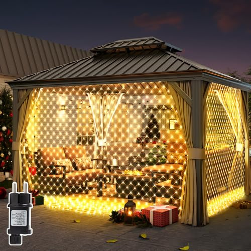 Focxoio 2 Stück Lichternetz Außen 2x2m 208 LED Lichterkette Netz mit 8 Modi, Speicher und Timerfunktion, LED Lichtervorhang Lichterkettennetz für Büsche Garten Innen Deko, Warmweiß