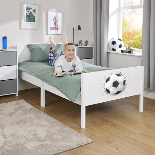 Liberty House Toys Kids Single White Bed, Football | Wooden, H80 x W95 x D199 cm