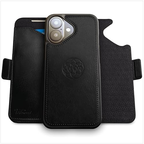 Dreem Vegane Leder Magnetische Abnehmbare Brieftaschenhülle für iPhone 17 | Neuartig vert/horiz Handyhalter, RFID-blockierende Kartenhülle, Kompatibel mit MagSafe, Geschenkbox [Fibonacci: Schwarz]