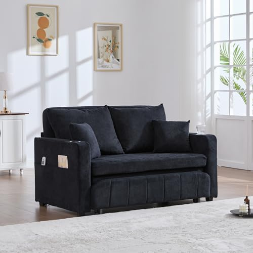 Zweisitzer Sofa mit Schlaffunktion, Schlafcouch Ausziehbar, Multifunktionales Klappsofa | Mit Aufbewahrungstasche, Becherhalter & 4 Kissen, Kleine Sofas für Kleine Räume, Schwarz
