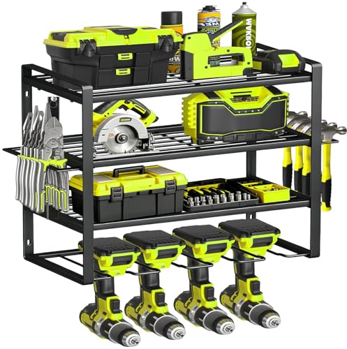 4 niveles de almacenamiento de herramientas con soporte de pared, organizador de herramientas para garaje con 4 portabrocas para herramientas inalámbricas. Portabrocas pesado de montaje en pared con