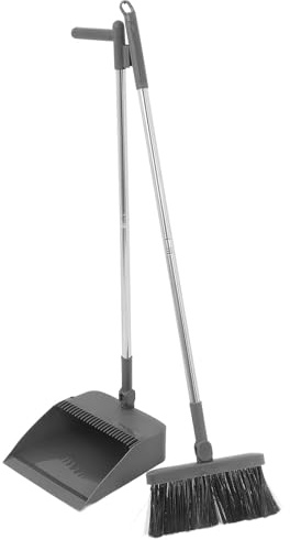 Garage Broom and Dustpan Set Upright Dustpan with Long Handle | Plastic Build, Self Cleaning Teeth, Heavy Duty Construction, Compact Storage for Garage and Household Use
