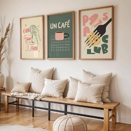 Xiyocadt 3er Poster Set,Retro Food Pasta Küche Wandbilder Set,Chin Chin,Un Café & Pasta Club Bilder für Küche Wohnzimmer Deko Küche Aesthetic Deko,Ohne Rahmen (21x30cm)