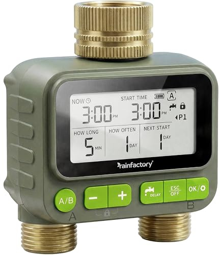 rainfactory - timer irrigazione 2 vie, centralina irrigazione a batteria IP65 con display LCD, 4 programmi, manuale, delay pioggia, raccordo ¾ per giardino, balcone, vasi, goccia a goccia domestico!