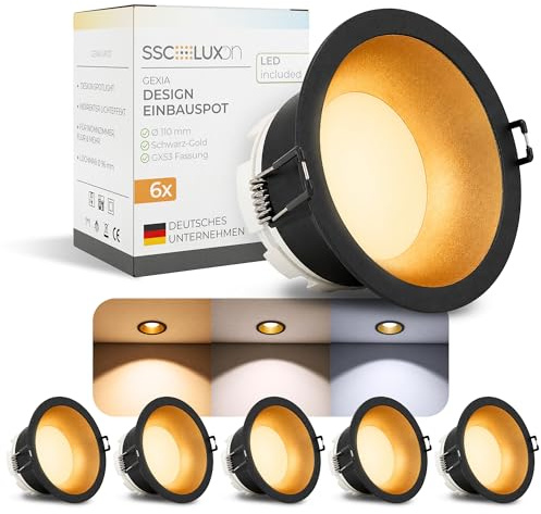 SSC-LUXon GEXIA Einbaustrahler 6er Set schwarz-gold GX53 3W 3 Lichtfarben | Sechs Deckenspots schwarz-gold - warm / neutral / kalt per Schalter, für Küche, Flur & Wohnzimmer, inkl. GX53 LED