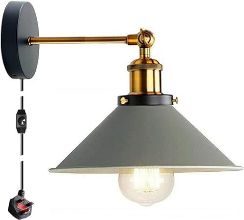 DC VOLTAGE Industrial Gray Plug in Wall Light Fixture, Vintage 2m Fabric Cable 3 Pin with Dimmer Switch Wall Mounted Sconce Adjustable Arm 180º E27 Base Antique Retro Metal 22cm Shade
