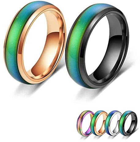 Bymivofun 2 Stück Stimmungsringe, Temperatur Emotion Ring, Edelstahl Farbwechsel Stimmung, für Freund Freundin Tägliche Party Geburtstag Valentinstag Jubiläum (Schwarz, Roségold, 55.5 (17.8))