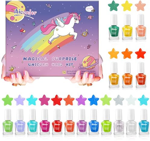 Aieenjor kinder nagellack set, Ungiftig Wasserbasiert Peel Off 18 Farben Schnelltrocknend Nagellack kinder, Geschenkbox-Set für Kinder ab 3 Jahren