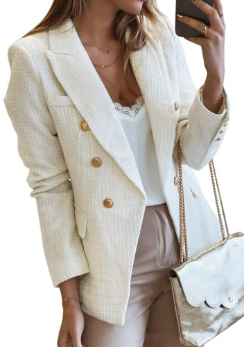 Happy Sailed Tweed Blazers for Women Trendy Casual Lapel Collar Double Breasted Blazer Jackets Formal Office Long Sleeve Open Front Professional Business Work Suits White Large