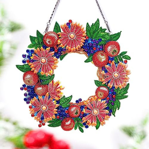 Diamond Paint Kranz, Weihnachten 5D DIY Diamant Malerei Kranz Doppelseitiges Kristall Blumen Wanddekor Türdekor Anhänger Ganzjährig Geschenk für Wand Haustür (A)
