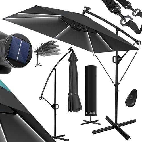 KESSER® Ampelschirm Holly Sonnenschirm Rechteckig LED Solar inkl. Abdeckung | Kurbel-Schirm mit Ständer UV-Schutz Aluminium Wasserabweisend Ø350cm Gartenschirm Anthrazit
