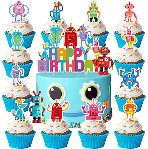 YGCHEN Tortendeko Roboter Kuchen Dekoration Happy Birthday Cake Toppers Roboter Figuren Kuchendeko Geburtstag Cupcake Topper Kinder Geburtstagstorte Deko 15 Stück