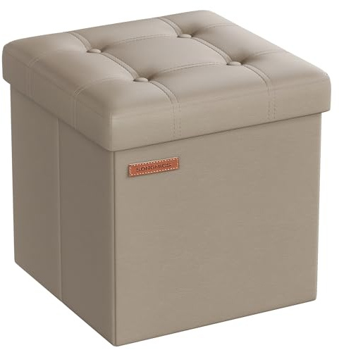 SONGMICS MAZIE Collection - Storage Ottoman, 38 cm Folding Foot Rest Stool, Ottoman Storage Box, Easy Assembly, for Living Room, Bedroom, Entryway, Camel Brown LSF030K53