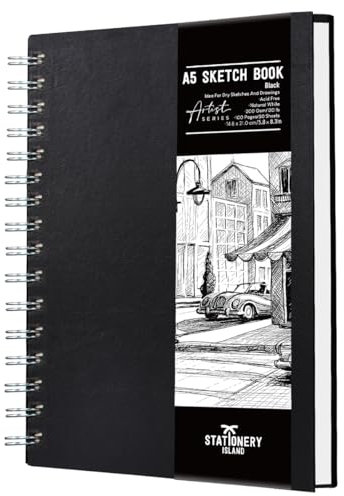 STATIONERY ISLAND A5 Skizzenbuch, 200 g/m² Dickes Papier, Spiralgebundener Zeichenbuch A5 Hardcover, Skizzenblock zum Skizzieren, Illustration, Porträt, 50 Blatt/100 Seiten