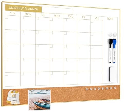 Whiteboard-Kalender & Korkboard-Kombination, 60 x 45 cm, Magnetisches Whiteboard mit Kalender, Goldener Rahmen, Monatsplaner für Büro, Zuhause, Schule