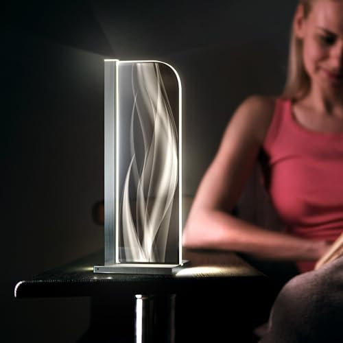 Luverre Tischlampe | LED-Leuchte | Glas-Leuchte mit Gravur für Nachttisch, Kommode, Wohnzimmer | Abstrakt, Geometrie, Kunst (Wellenfusion, Rechteck | silber)