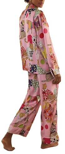 FeMereina Y2K bedrucktes Pyjama-Set für Damen, Geparden-Druck, Reverskragen, Knopfleiste, langärmeliges Oberteil, Hose mit Kordelzug, Lounge-Set für Frühling und Herbst, rose, 42