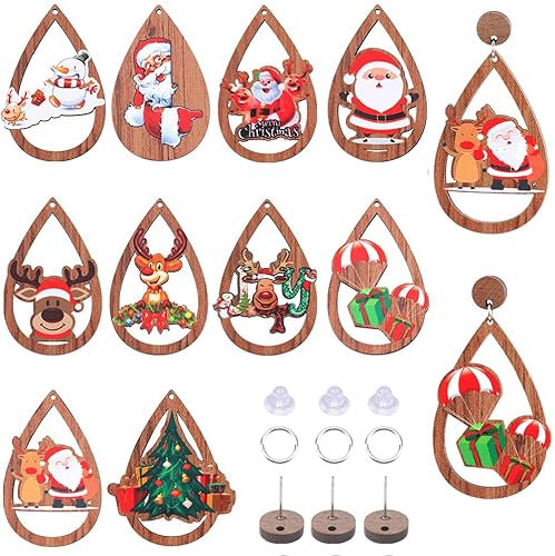 SUNNYCLUE 1 Box DIY 10 Pairs Christmas Wood Earring Making Kit Xmas Charms Christmas Trees Charms Santa Claus Reindeer Charm Wooden Charms Hollow Wood Charms for jewellery Making Kits Women Supplies