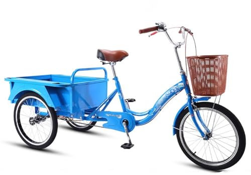 MegLob 20 tums vuxna trehjulingar 1 hastighet, 3 hjulcyklar vuxna kryssningstikar, trehjulig strandkryssare, låg steg-genom kolstålram, stabil 3-hjulig lastcykel för shopping,Blue