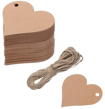 QUARKZMAN 100 stycken presentetiketter kraftpapper etiketter gåva hängande etiketter, hjärta kort med 10 meter jutesnöre för presentförpackning jul
