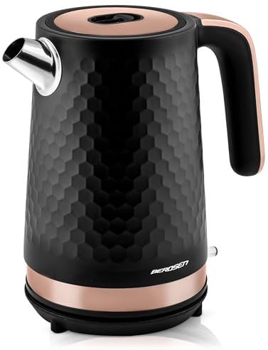 Berdsen Wasserkocher Mit Kalkfilter 1,7 L Fassungsvermögen 2200 Watt Pirouettenbasis Wasser Kocher Leise Silber Gold Matt
