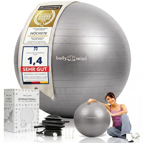 Body & Mind Gymnastikball inkl. Luftpumpe - Anti-Burst Pilates Ball, Pezziball für Schwangerschaft Ergonomischer Sitz als Büro-Stuhl, Sitzball für Yoga, Gymnastik & Workout