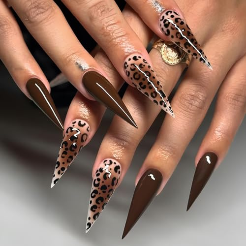 Ceboic 24Pcs Brown French False Nails, Long Almond Press on Nails with Leopard Design, Stiletto Acrylic Full Cover Fake Nail, Natural Reusable Glue on Nails for Women Girls Manicure Decorations
