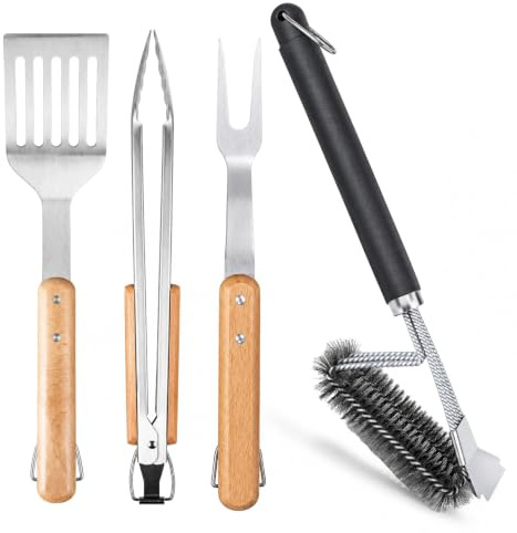 Accessori Barbecue 4 Pezzi, Kit Barbecue Acciaio Inossidabile Manico Legno