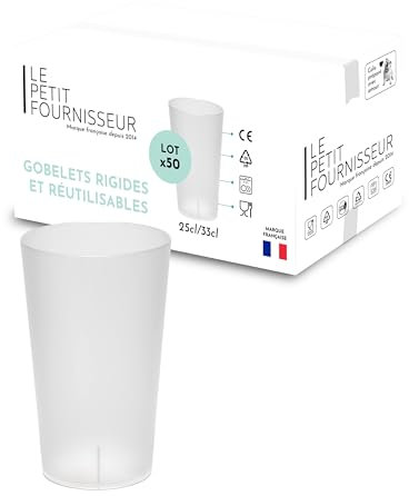 LPF LE PETIT FOURNISSEUR - Lot de 50 Gobelets réutilisables 25cl (33cl à ras-bord) - Polypropylène alimentaire - Gobelets plastique rigide - Compatible lavage au lave-vaisselle - Couleur givrée