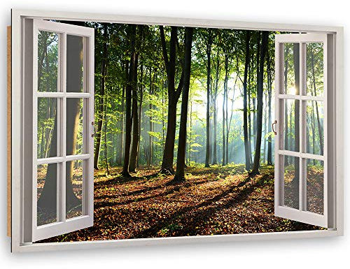 Feeby Quadro Decorativo Bosco Stampa Moderna Finestra con Vista Verde 90x60 cm