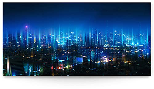 Wandbild Skyline Cyberpunk City - 180cm x 90cm Alu-Dibond 3mm weiß + Rückrahmen