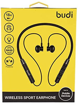 Budi Bluetooth V5.0 Wireless Noise cancelling and suppression with 10m barrier-free distance sports earphones - 18 hour Audio Playtime, Comfortable Earbuds Hanging Design for Active Lifestyle