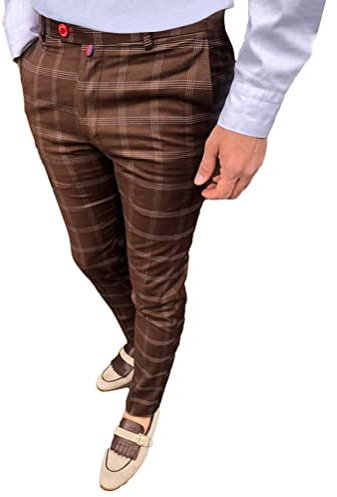 ORANDESIGNE Pantalon Slim Fit Chino Rayé Homme Pantalon à Carreaux Business Élastique Pantalon de Sport Décontracté Casual Pantalon d'affaires Mode F Café S